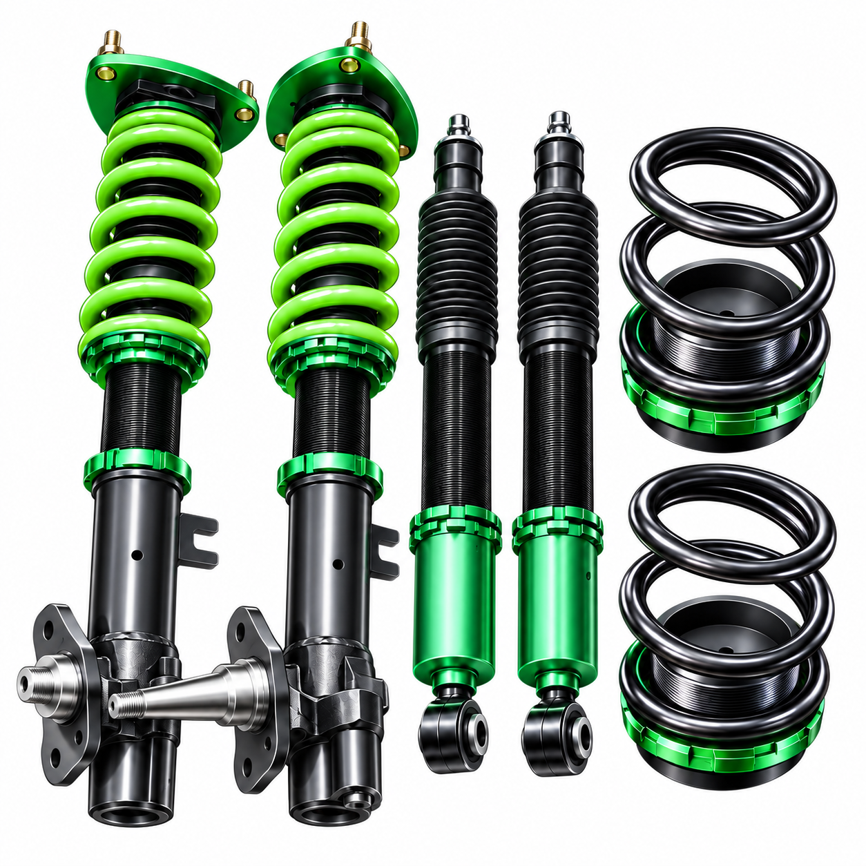 Coilover suspension set with green front coilovers, rear shocks, and rear coil springs